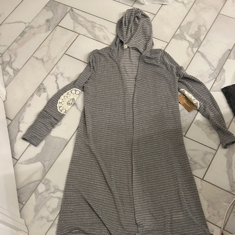 Francesca’s Gray Striped Hooded Cardigan with Lace Elbow Patches